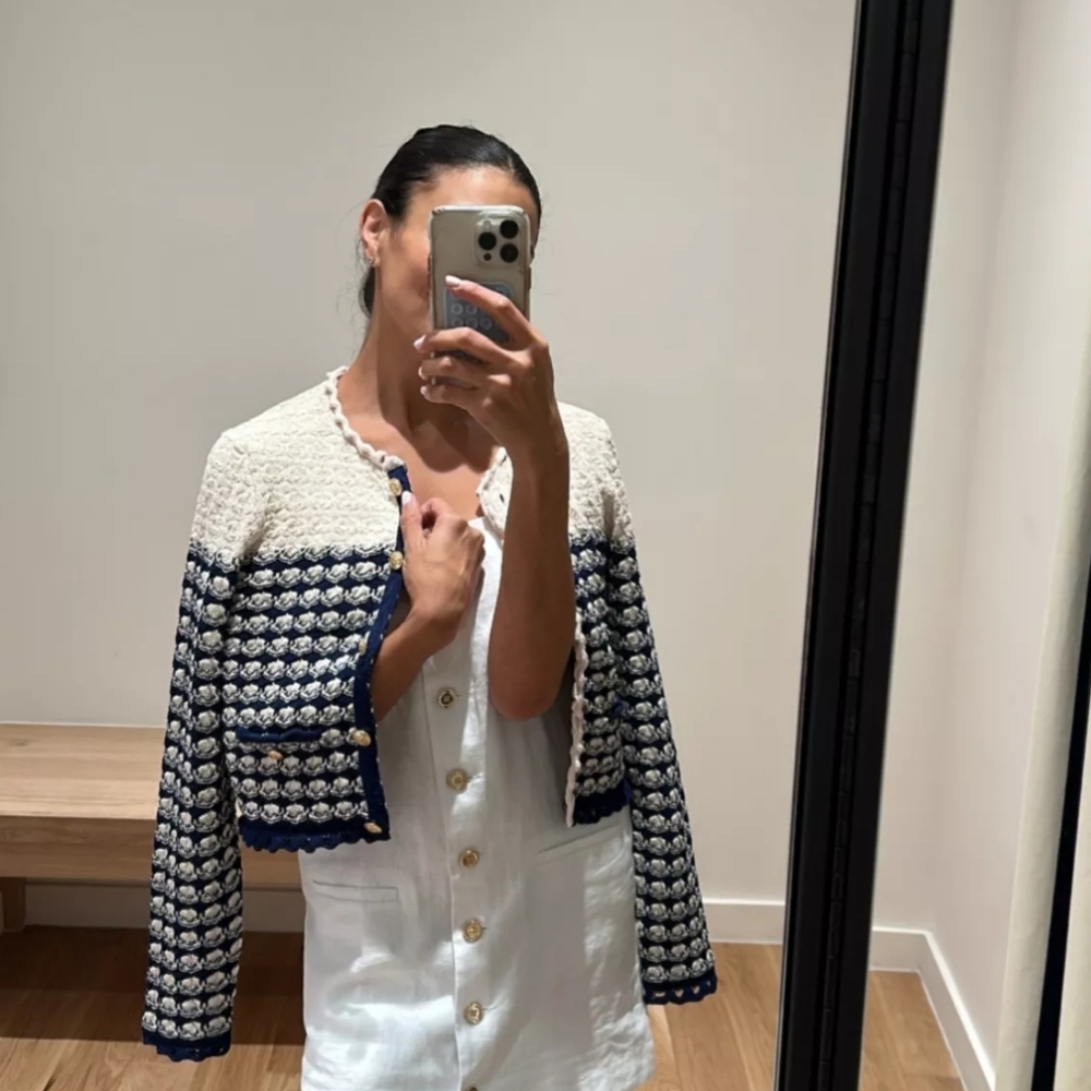 J crew Textured crochet lady jacket Moroccan Sand Dark Evening
